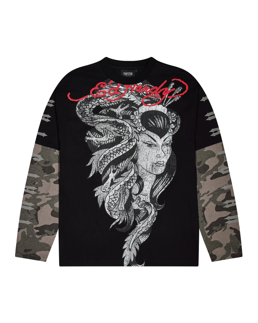 camiseta de manga larga medusa de trapstar x ed hardy - negro lavadocamuflaje