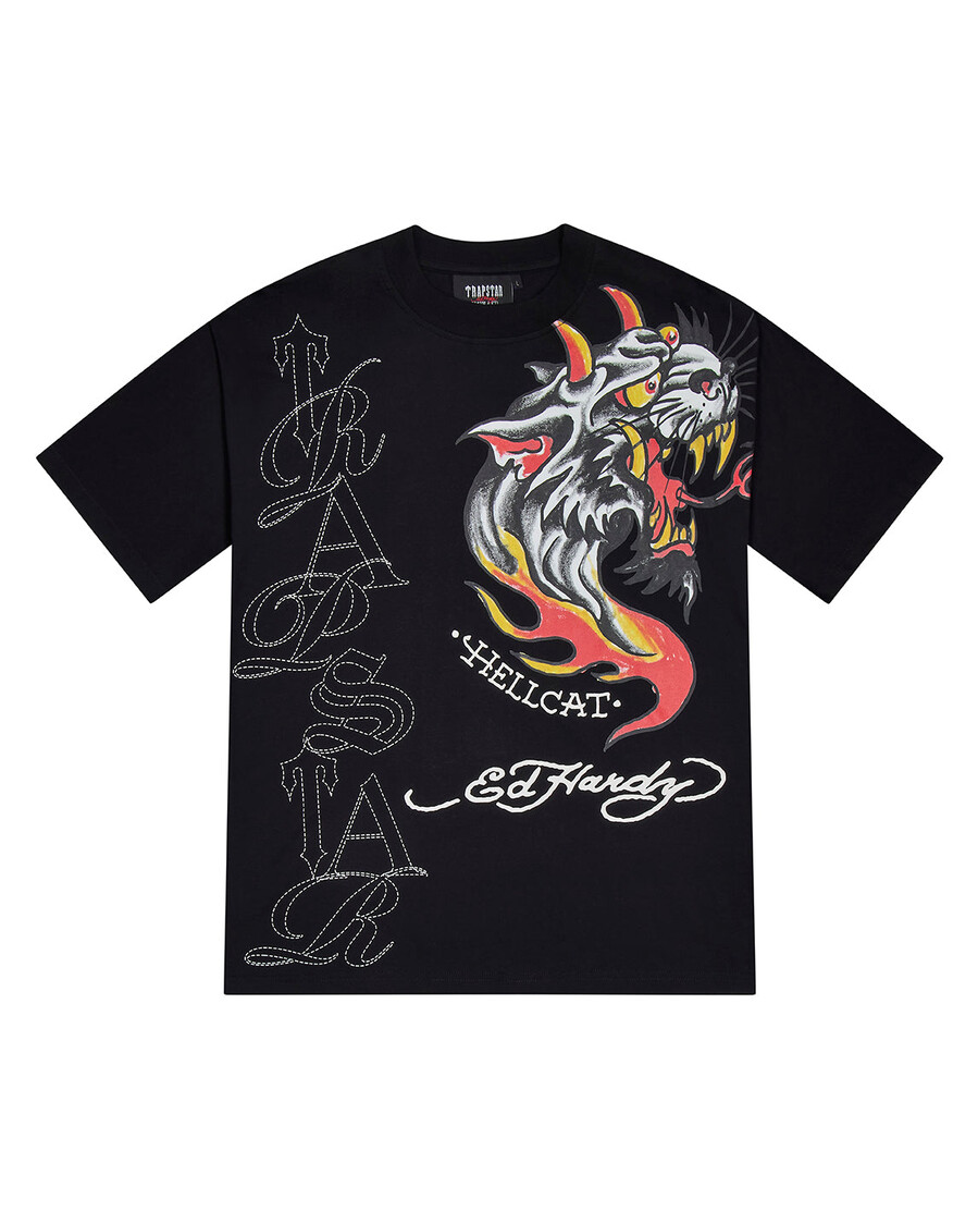 camiseta hell cat de trapstar x ed hardy - negra