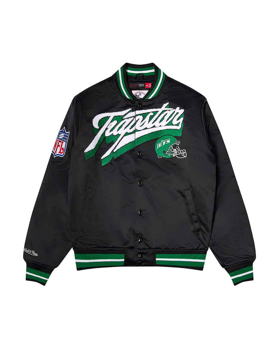 chaqueta bomber de satén trapstar x nfl jets - negra