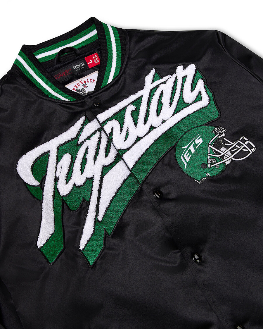 chaqueta bomber de satén trapstar x nfl jets - negra