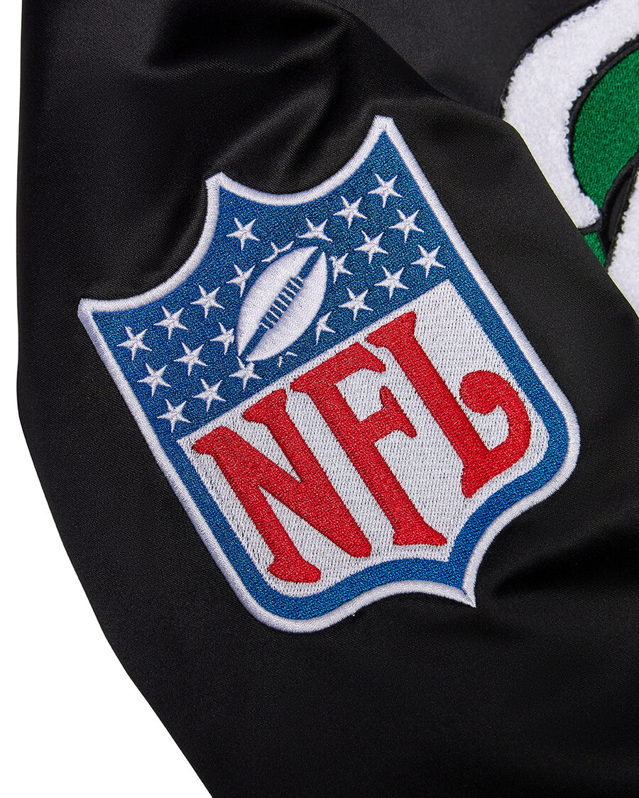 chaqueta bomber de satén trapstar x nfl jets - negra